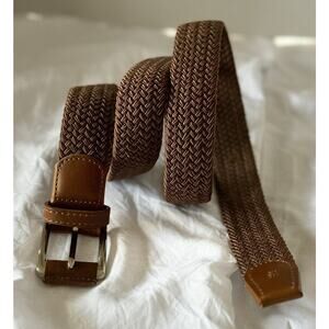Men's Size 115 Brown Leather Elastic Tan Woven Braided Golf Belt Stretch